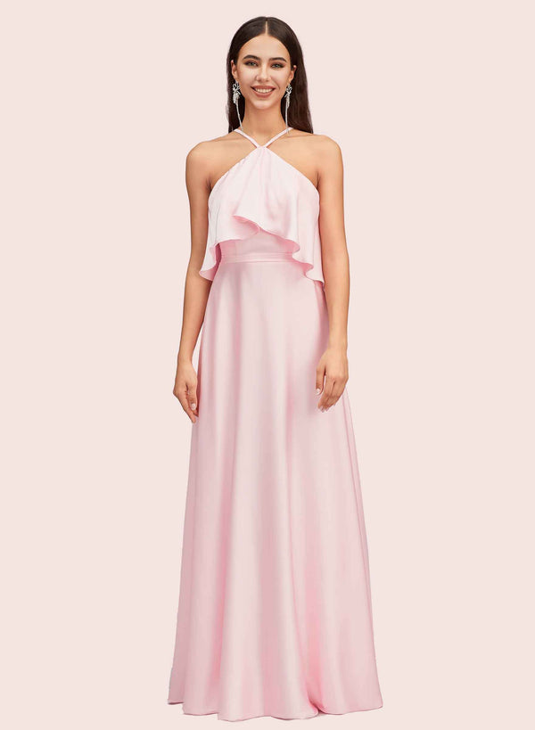 Elegant A-line Halter Sleeveless Long Soft Satin Bridesmaid Dresses Online