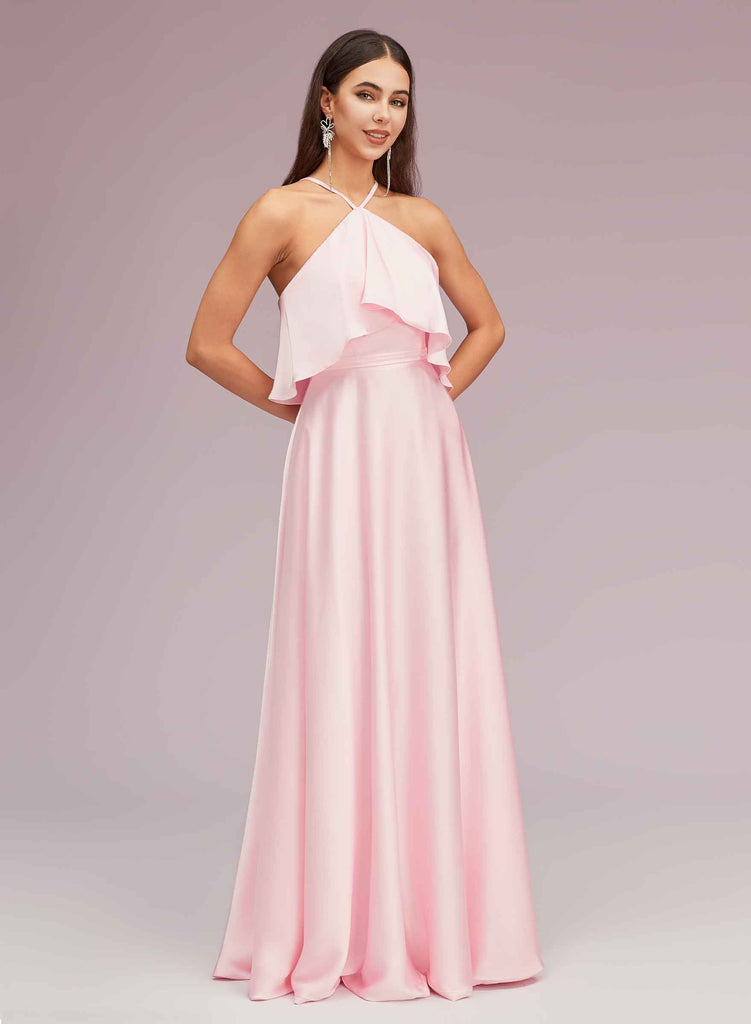 Elegant A-line Halter Sleeveless Long Soft Satin Bridesmaid Dresses Online Elegant A-line Halter Sleeveless Long Soft Satin Bridesmaid Dresses Online