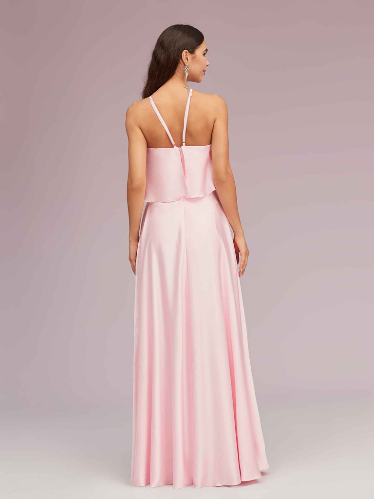 Elegant A-line Halter Sleeveless Long Soft Satin Bridesmaid Dresses Online