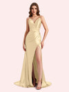 Sexy Side Slit Spaghetti Straps V-Neck Mermaid Soft Satin Long Matron of Honor Dress For Wedding