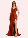 Sexy Side Slit Spaghetti Straps V-Neck Mermaid Soft Satin Long Matron of Honor Dress For Wedding