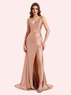 Sexy Side Slit Spaghetti Straps V-Neck Mermaid Soft Satin Long Matron of Honor Dress For Wedding