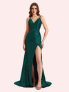 Sexy Side Slit Spaghetti Straps V-Neck Mermaid Soft Satin Long Matron of Honor Dress For Wedding