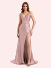 Sexy Side Slit Spaghetti Straps V-Neck Mermaid Soft Satin Long Matron of Honor Dress For Wedding
