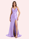 Sexy Side Slit Spaghetti Straps V-Neck Mermaid Soft Satin Long Matron of Honor Dress For Wedding