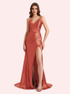Sexy Side Slit Spaghetti Straps V-Neck Mermaid Soft Satin Long Matron of Honor Dress For Wedding