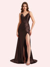 Sexy Side Slit Spaghetti Straps V-Neck Mermaid Soft Satin Long Matron of Honor Dress For Wedding