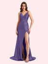 Sexy Side Slit Spaghetti Straps V-Neck Mermaid Soft Satin Long Matron of Honor Dress For Wedding