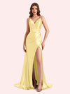 Sexy Side Slit Spaghetti Straps V-Neck Mermaid Soft Satin Long Matron of Honor Dress For Wedding