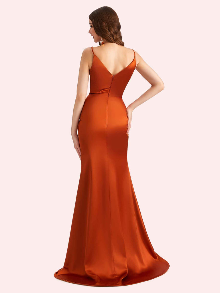 Sexy Side Slit Spaghetti Straps V-Neck Mermaid Soft Satin Long Matron of Honor Dress For Wedding