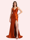 Sexy Side Slit Spaghetti Straps V-Neck Mermaid Soft Satin Long Matron of Honor Dress For Wedding