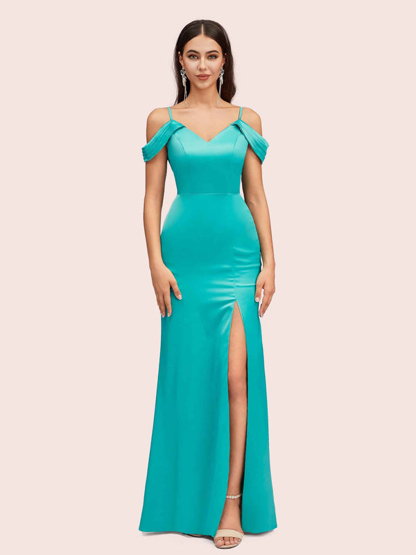 Sexy Cold Shoulder V-Neck Side Slit Mermaid Long Soft Satin Bridesmaid Dresses