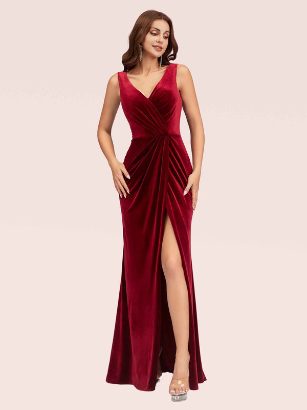 Elegant Mermaid V-Neck Long Side Slit Off Shoulder Velvet Bridesmaid Dresses