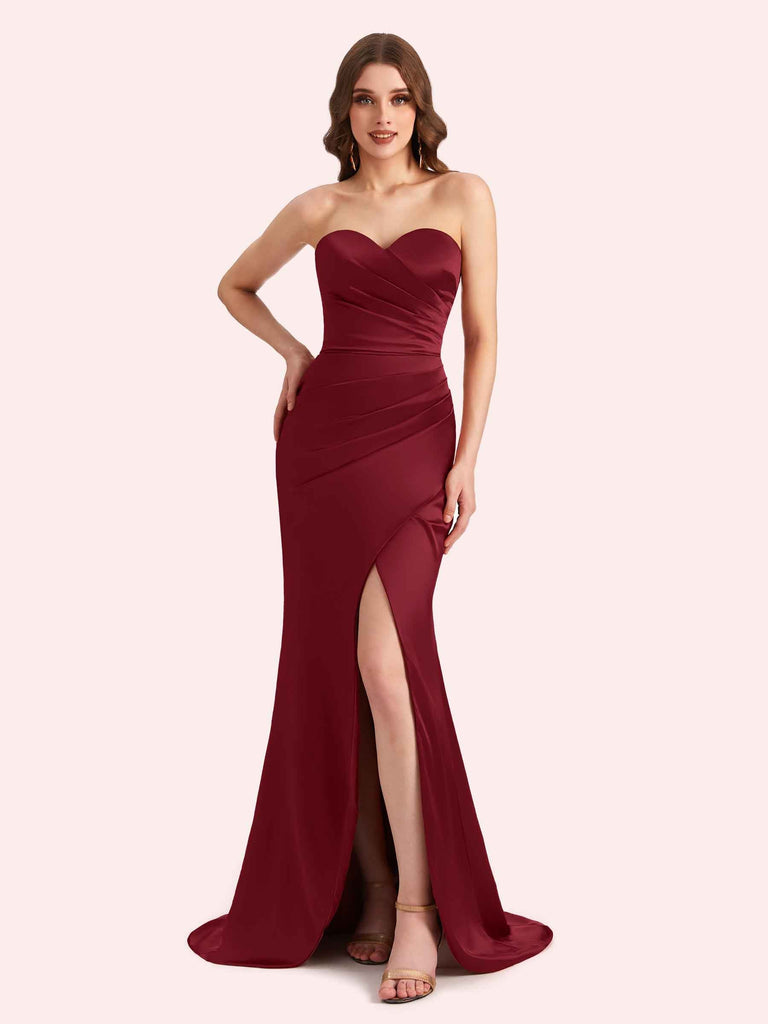Simple Mermaid Strapless Side Slit Soft Satin Long Matron of Honor Dress For Wedding Simple Mermaid Strapless Side Slit Soft Satin Long Matron of Honor Dress For Wedding
