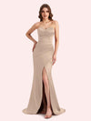 Simple Mermaid Strapless Side Slit Soft Satin Long Matron of Honor Dress For Wedding