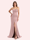 Simple Mermaid Strapless Side Slit Soft Satin Long Matron of Honor Dress For Wedding