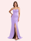 Simple Mermaid Strapless Side Slit Soft Satin Long Matron of Honor Dress For Wedding