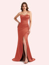 Simple Mermaid Strapless Side Slit Soft Satin Long Matron of Honor Dress For Wedding