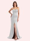 Simple Mermaid Strapless Side Slit Soft Satin Long Matron of Honor Dress For Wedding