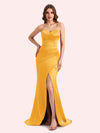 Simple Mermaid Strapless Side Slit Soft Satin Long Matron of Honor Dress For Wedding