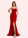 Simple Mermaid Strapless Side Slit Soft Satin Long Matron of Honor Dress For Wedding