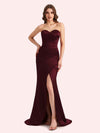 Simple Mermaid Strapless Side Slit Soft Satin Long Matron of Honor Dress For Wedding