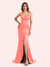 Simple Mermaid Strapless Side Slit Soft Satin Long Matron of Honor Dress For Wedding