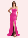 Simple Mermaid Strapless Side Slit Soft Satin Long Matron of Honor Dress For Wedding