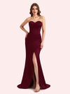 Simple Mermaid Strapless Side Slit Soft Satin Long Matron of Honor Dress For Wedding