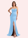 Simple Mermaid Strapless Side Slit Soft Satin Long Matron of Honor Dress For Wedding