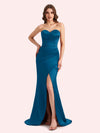 Simple Mermaid Strapless Side Slit Soft Satin Long Matron of Honor Dress For Wedding