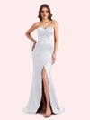 Simple Mermaid Strapless Side Slit Soft Satin Long Matron of Honor Dress For Wedding