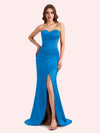 Simple Mermaid Strapless Side Slit Soft Satin Long Matron of Honor Dress For Wedding
