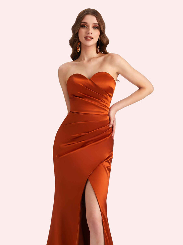 Simple Mermaid Strapless Side Slit Soft Satin Long Matron of Honor Dress For Wedding