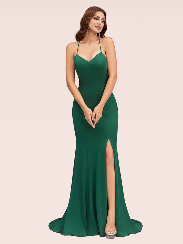 Sexy Halter Criss Cross Back Stretchy Jersey Long Mermaid Bridesmaid Dresses With Slit