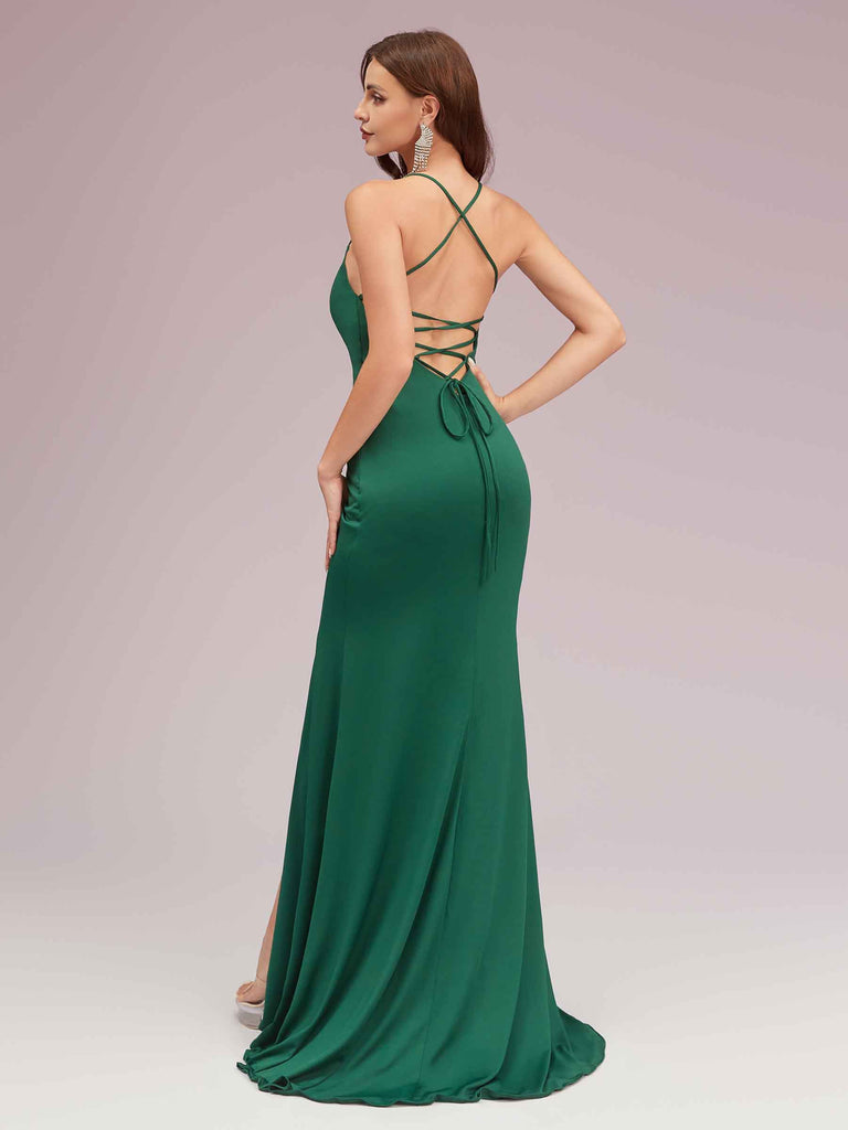 Sexy Halter Criss Cross Back Stretchy Jersey Long Mermaid Bridesmaid Dresses With Slit Sexy Halter Criss Cross Back Stretchy Jersey Long Mermaid Bridesmaid Dresses With Slit