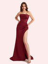 Simple Mermaid Strapless Clairvoyant Outfit Side Slit Soft Satin Long Matron of Honor Dress For Wedding