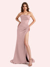 Simple Mermaid Strapless Clairvoyant Outfit Side Slit Soft Satin Long Matron of Honor Dress For Wedding