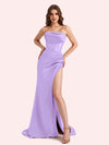 Simple Mermaid Strapless Clairvoyant Outfit Side Slit Soft Satin Long Matron of Honor Dress For Wedding