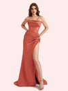 Simple Mermaid Strapless Clairvoyant Outfit Side Slit Soft Satin Long Matron of Honor Dress For Wedding