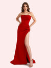 Simple Mermaid Strapless Clairvoyant Outfit Side Slit Soft Satin Long Matron of Honor Dress For Wedding