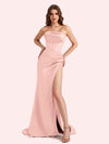 Simple Mermaid Strapless Clairvoyant Outfit Side Slit Soft Satin Long Matron of Honor Dress For Wedding