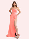 Simple Mermaid Strapless Clairvoyant Outfit Side Slit Soft Satin Long Matron of Honor Dress For Wedding