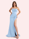 Simple Mermaid Strapless Clairvoyant Outfit Side Slit Soft Satin Long Matron of Honor Dress For Wedding