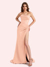 Simple Mermaid Strapless Clairvoyant Outfit Side Slit Soft Satin Long Matron of Honor Dress For Wedding
