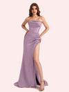 Simple Mermaid Strapless Clairvoyant Outfit Side Slit Soft Satin Long Matron of Honor Dress For Wedding