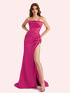 Simple Mermaid Strapless Clairvoyant Outfit Side Slit Soft Satin Long Matron of Honor Dress For Wedding