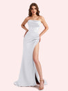 Simple Mermaid Strapless Clairvoyant Outfit Side Slit Soft Satin Long Matron of Honor Dress For Wedding