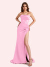 Simple Mermaid Strapless Clairvoyant Outfit Side Slit Soft Satin Long Matron of Honor Dress For Wedding