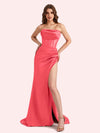 Simple Mermaid Strapless Clairvoyant Outfit Side Slit Soft Satin Long Matron of Honor Dress For Wedding